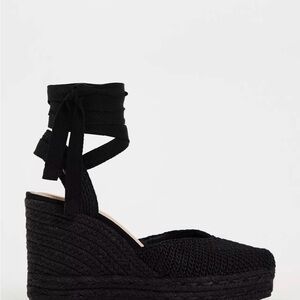 Zara Black Knit Espadrille Wedge with Ankle Wrap